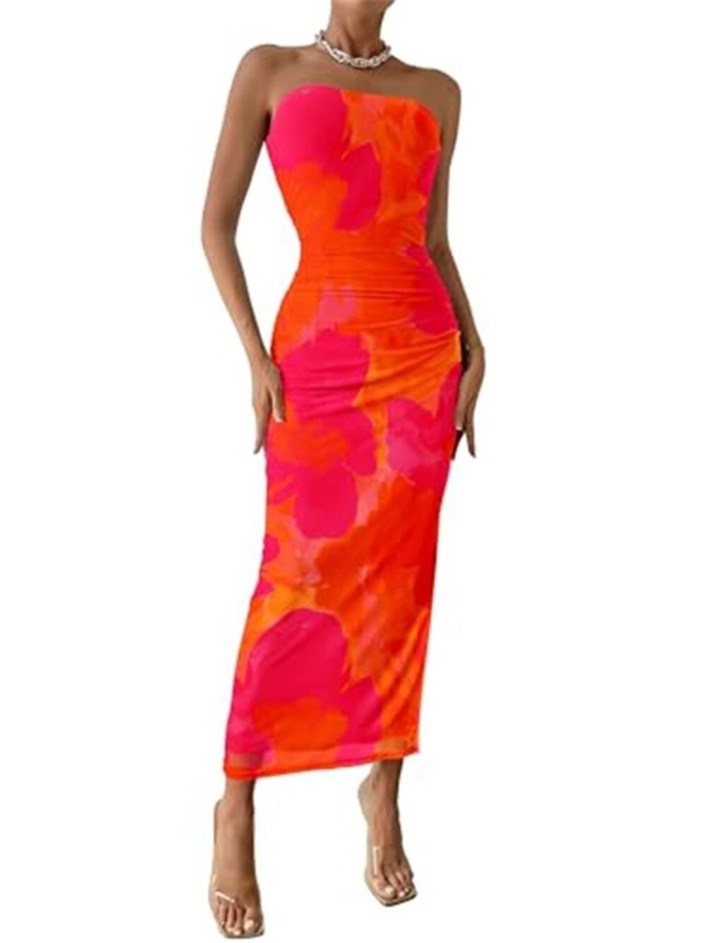 Womens Strapless Bodycon Maxi Dress Ruched Printed Sleeveless Tube Top Party